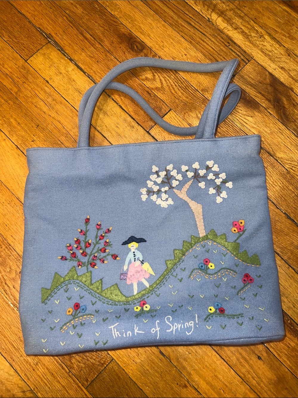 Lulu Guinness Think of Spring! Blue Embroidered Canvas Tote Bag